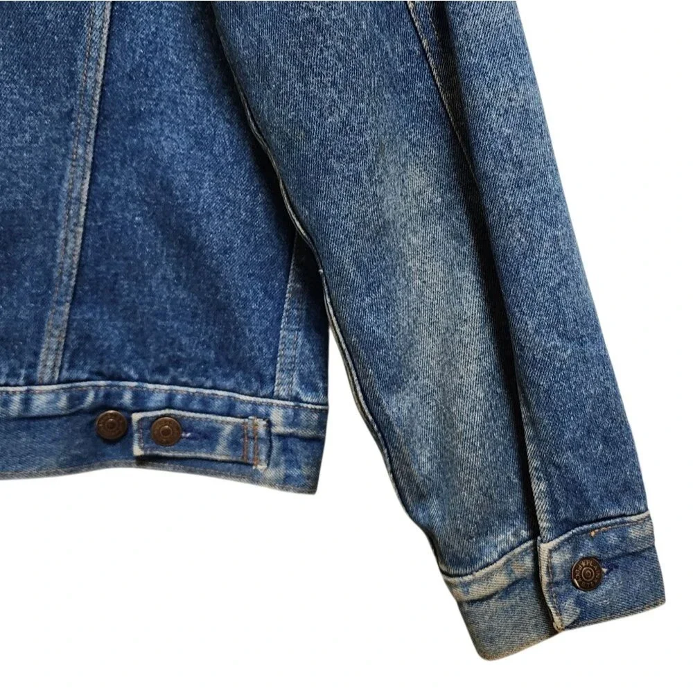 Plain Pocket Blue Denim Jean Jacket Men 40 Buffalo Plaid Lining Trucker Western
